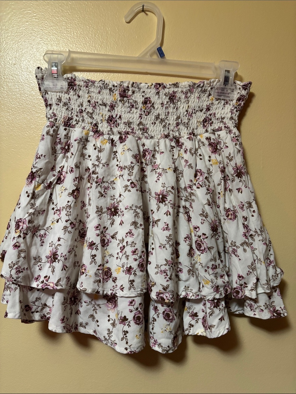 Floral Smocked Tiered Mini Skirt - White with Purple Floral